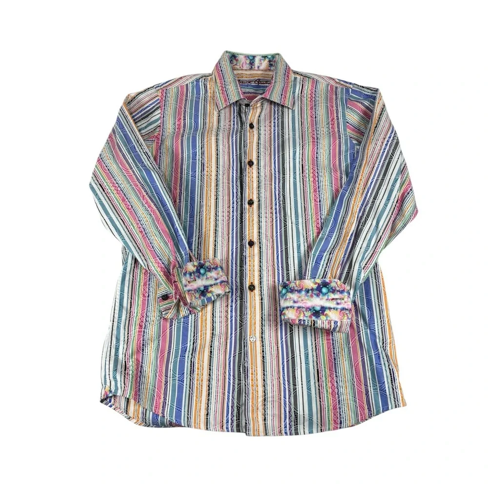 Robert Graham Striped Paisley Pastel Button Down Shirt Boys 18/20 XL 100% Cotton